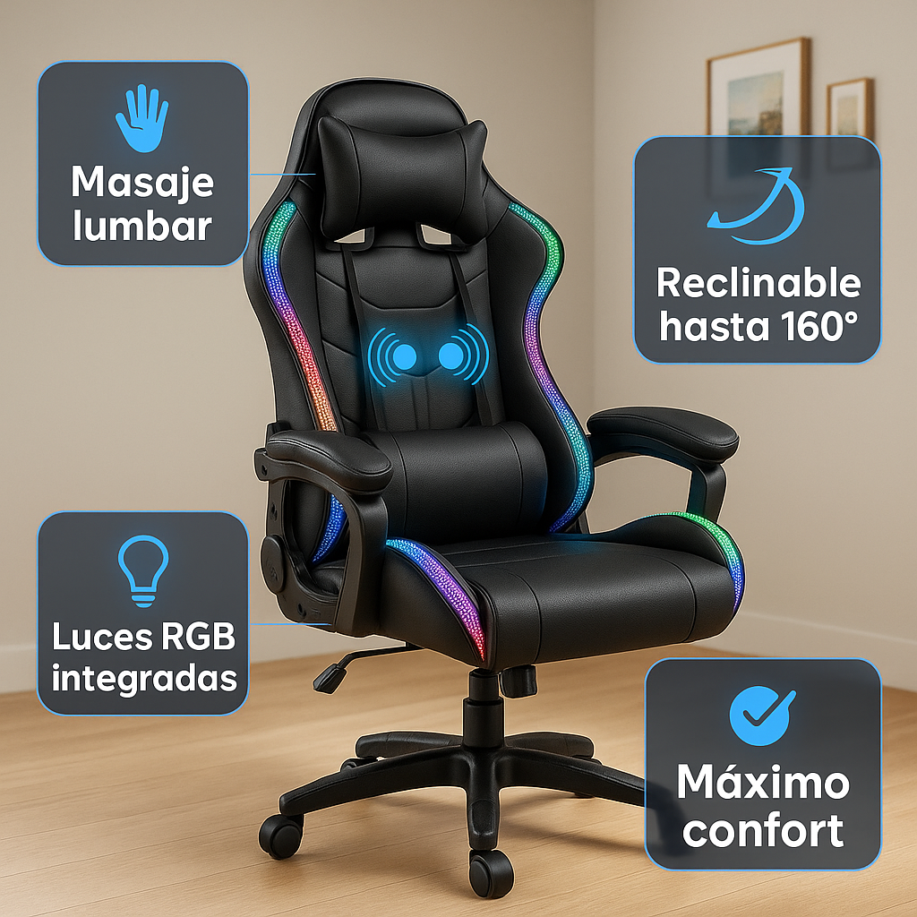 🪑 Silla Gamer Reclinable con Masaje y Luces LED RGB – Envío Gratis a Todo Ecuador