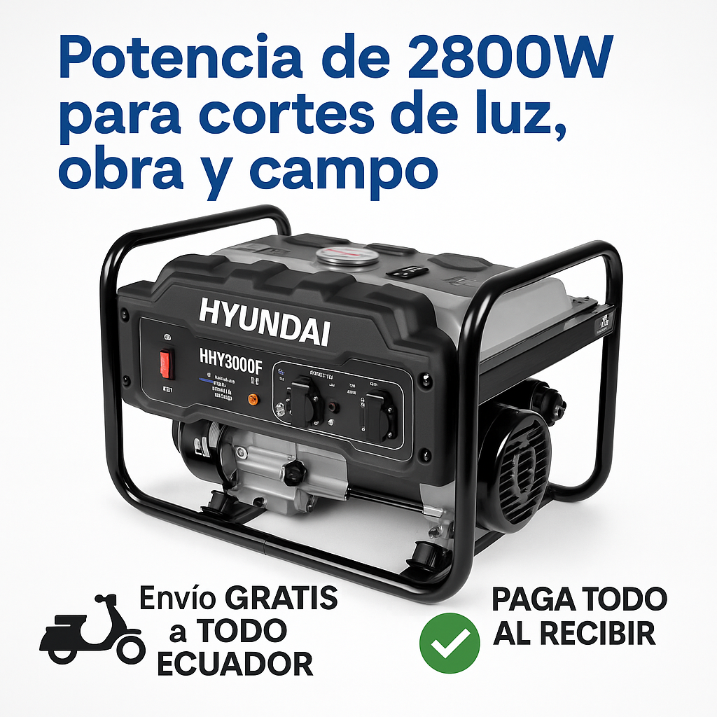 Generador Eléctrico Hyundai HHY3000F 2800W Gasolina | 110V/220V | Motor 210cc | Bajo Consumo y Alta Durabilidad