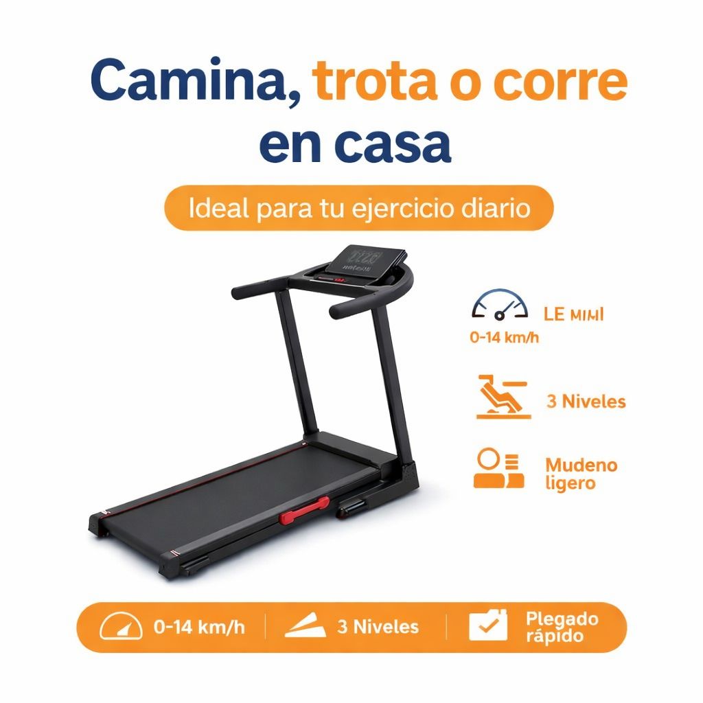 Caminadora Plegable 2.5 hp con Inclinación Manual 3 Niveles – Velocidad 1 a 14 km/h. Soporta 199 kilos