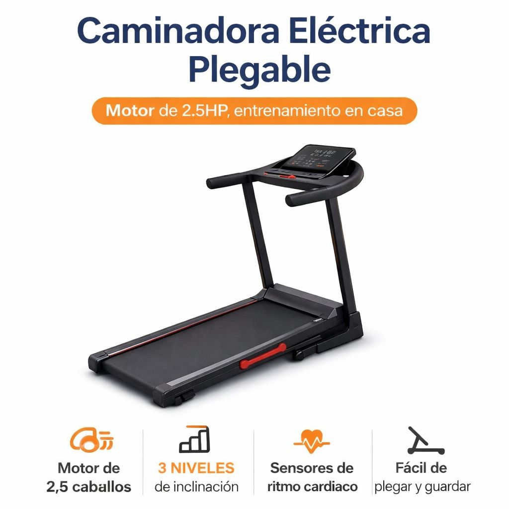 Caminadora Plegable 2.5 hp con Inclinación Manual 3 Niveles – Velocidad 1 a 14 km/h. Soporta 199 kilos